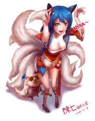 Rule 34 | 1girl, ahri (league of legends), animal ears, blue hair, boots, braid, breasts, chan qi (fireworkhouse), chanseven, cleavage, dated, fox ears, fox tail, highres, large breasts, league of legends, legs, long hair, looking at viewer, multiple tails, nyan, paw pose, shadow, signature, simple background, single braid, smile, tail, teemo, very long hair, white background, yellow eyes