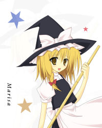 Rule 34 | 1girl, :d, blonde hair, bow, braid, broom, brown eyes, female focus, hair bow, hat, holding, huei nazuki, kirisame marisa, looking at viewer, open mouth, puffy short sleeves, puffy sleeves, red bow, short sleeves, simple background, single braid, smile, solo, touhou, upper body, white background, witch hat