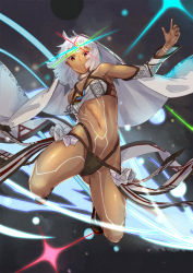 Rule 34 | 1girl, altera (fate), breasts, dark-skinned female, dark skin, energy sword, fate/grand order, fate (series), glowing, glowing weapon, highres, jumping, kikken, midriff, navel, photon ray (fate), red eyes, small breasts, solo, sword, tattoo, veil, weapon, white hair