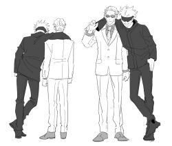 Rule 34 | 2boys, arm around shoulder, blindfold, collared shirt, formal, from behind, gojou satoru, greyscale, grin, jujutsu kaisen, leaning on person, male focus, monochrome, multiple boys, nanami kento, open mouth, pants, shirt, shoes, short hair, smile, standing, suit, sumio (smosmo)