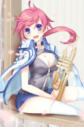 Rule 34 | 1girl, bandaid, belt, blue eyes, breasts, choker, cleavage, coat, fang, instrument, large breasts, long hair, lowres, open mouth, petals, pink hair, ponytail, prea (sword girls), red hair, shorts, sitting, skirt, solo, striped, sword girls, thighhighs, trumpet, zipper