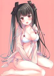 Rule 34 | 1girl, :d, absurdres, bare legs, barefoot, between legs, bikini, black hair, blunt bangs, blush, breasts, cleavage, collarbone, front-tie bikini top, front-tie top, full body, hair ribbon, highres, hood, hood down, hoodie, large breasts, long hair, looking at viewer, navel, open clothes, open hoodie, open mouth, original, pink background, red eyes, ribbon, scan, side-tie bikini bottom, simple background, sitting, smile, solo, sousouman, stomach, swimsuit, thighs, twintails, v arms, wariza, white bikini