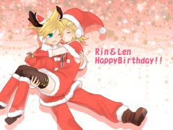 Rule 34 | 1boy, 1girl, blonde hair, brother and sister, carrying, character name, closed eyes, gloves, happy birthday, hat, hetero, hug, kagamine len, kagamine rin, nyakelap, open mouth, princess carry, santa costume, santa hat, short hair, siblings, thighhighs, twins, vocaloid