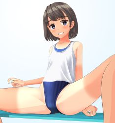 Rule 34 | 1girl, absurdres, bench, black hair, blue background, blue eyes, blue one-piece swimsuit, bob cut, breasts, competition swimsuit, covered navel, grin, highleg, highleg swimsuit, highres, looking at viewer, mole, mole under eye, one-piece swimsuit, original, short hair, sitting, small breasts, smile, solo, spread legs, striped clothes, striped one-piece swimsuit, swimsuit, swimsuit under clothes, takafumi, tan, tank top, tanline, white tank top