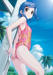Rule 34 | 00s, 1girl, blue hair, bug, cloud, day, fingernails, flat chest, game cg, green eyes, hair ornament, hairclip, happoubi jin, highres, insect, koromogae maya, ladybug, light rays, one-piece swimsuit, outdoors, palm tree, pink one-piece swimsuit, resort boin, short hair, sky, smile, solo, standing, sunbeam, sunlight, swimsuit, thighs, tree