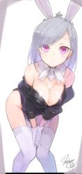 Rule 34 | 10s, 1girl, :&lt;, animal ears, aya-chan (minoa), bare shoulders, bent over, between legs, breasts, cleavage, fake animal ears, female focus, final fantasy, final fantasy xiv, gloves, hand between legs, large breasts, leaning forward, leotard, light purple hair, looking at viewer, minoa (lastswallow), original, playboy bunny, purple eyes, rabbit ears, signature, solo, standing, thighhighs, tiara, v arms, white gloves, white thighhighs