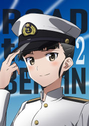 Rule 34 | 1girl, adjusting clothes, adjusting headwear, black eyes, black hair, blue sky, blunt bangs, closed mouth, commentary, contrail, copyright name, day, emblem, english text, hair up, hat, high collar, highres, jacket, long sleeves, looking at viewer, military, military hat, military uniform, oinari (koheihei1109), outdoors, peaked cap, portrait, sakamoto mio, sky, smile, solo, strike witches, text background, uniform, white hat, white jacket, world witches series