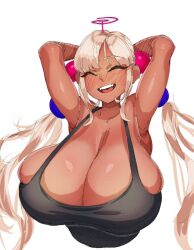 Rule 34 | 1girl, armpits, arms behind head, bare shoulders, black tank top, blonde hair, blush, breasts, bursting breasts, cleavage, dark-skinned female, dark skin, hair ornament, hanging breasts, hololive, hololive english, huge breasts, light brown hair, limiter (tsukumo sana), long hair, makinakid, no bra, open mouth, planet hair ornament, sidelocks, simple background, skindentation, smile, solo, tank top, teeth, tsukumo sana, twintails, upper body, upper teeth only, very long hair, virtual youtuber, white background