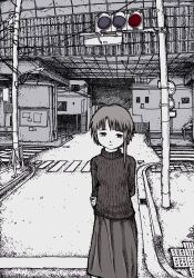 Rule 34 | :/, :|, arms behind back, asymmetrical hair, bridge, building, closed mouth, crosswalk, facing viewer, feet out of frame, fence, half-closed eyes, hatching (texture), head tilt, highres, holding own arm, iwakura lain, lamppost, long sleeves, looking to the side, medium hair, monochrome, outdoors, partially colored, perspective, power lines, railing, ribbed sweater, road, sano (sano45726280), serial experiments lain, sidewalk, single sidelock, skirt, spot color, standing, stippling (texture), street, sweater, traffic light, turtleneck, turtleneck sweater