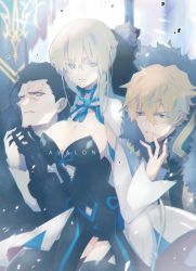 Rule 34 | 1boy, 2boys, agravain (fate), armor, black armor, black hair, blonde hair, blue eyes, bow, braid, breasts, brothers, cleavage, cloak, commentary, dress, english commentary, english text, fate/grand order, fate (series), fur trim, gawain (fate), hair between eyes, hair bow, highres, large breasts, long hair, morgan le fay (fate), mother and son, multiple boys, nogi (acclima), ponytail, short hair, siblings, silver hair
