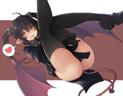 Rule 34 | 1girl, ahoge, ass, belt, between legs, black dress, black footwear, black gloves, black hair, black thighhighs, check copyright, copyright request, demon girl, demon tail, demon wings, dress, fang, gloves, hair ornament, heart, highres, itou ryuusei, juliet sleeves, legs up, loafers, long hair, long sleeves, looking at viewer, open mouth, original, pelvic curtain, pointy ears, puffy sleeves, red eyes, shoes, short dress, sidelocks, skull hair ornament, smile, solo, spoken heart, tail, thighhighs, thighs, twintails, wings