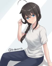 Rule 34 | 1girl, ahoge, alternate costume, black hair, blue eyes, braid, commentary, cowboy shot, denim, english commentary, grey pants, hair flaps, hair over shoulder, head tilt, highres, jeans, kantai collection, looking at viewer, one-hour drawing challenge, pants, shidas0459, shigure (kancolle), shigure kai san (kancolle), shirt, simple background, single braid, smile, solo, standing, t-shirt, twitter username, white background, white shirt