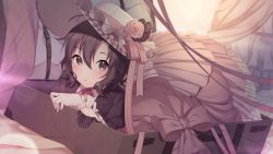 Rule 34 | 1girl, belt, belt buckle, blurry, blurry background, blush, bow, brown belt, brown eyes, brown hair, brown shirt, buckle, closed mouth, curtains, depth of field, flower, gloves, hair between eyes, hat, hat flower, highres, idolmaster, idolmaster (classic), juliet sleeves, kikuchi makoto, long sleeves, looking at viewer, pink bow, pink flower, pink ribbon, pink rose, pink skirt, pleated skirt, puffy sleeves, ribbon, rose, shirt, skirt, solo, suitcase, thiana0225, white gloves, white hat