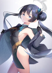 Rule 34 | armpits, ass, backlighting, black dress, black gloves, blue archive, breasts, butterfly hair ornament, china dress, chinese clothes, double bun, dragon print, dress, from side, gloves, grey jacket, hair bun, hair ornament, half gloves, halo, highres, jacket, kisaki (blue archive), long hair, looking at viewer, medium breasts, minzieart, no panties, parted lips, pelvic curtain, pinstripe jacket, pinstripe pattern, sideboob, sidelocks, striped, thighs, twintails, very long hair