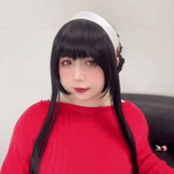 Rule 34 | 1girl, animated, animated gif, asian, black hair, cosplay, finger heart, heart, looking at viewer, lowres, photo (medium), plump, real life, red shirt, shirt, solo, spy x family, tagme, uyuy2907, v, yor briar