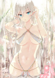 Rule 34 | 1girl, adjusting hair, aqua eyes, armpits, arms up, bare shoulders, bikini, breasts, chain, collarbone, commentary request, cowboy shot, criss-cross halter, day, elf, flower, groin, hair between eyes, halterneck, highleg, highres, hip bones, jewelry, large breasts, long hair, looking at viewer, navel, o-ring, o-ring top, original, parted lips, partially submerged, pelvic curtain, pointy ears, revealing clothes, silver hair, solo, standing, stomach, swimsuit, tomozero, very long hair, wading, water, waterfall, wet, white bikini