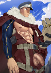 Rule 34 | 1boy, abs, absurdres, alternate pectoral size, bar censor, bara, bare pectorals, blue bodysuit, bodysuit, boku no hero academia, cape, censored, cowboy shot, flaccid, fur-trimmed cape, fur trim, hat, highres, kepi, large pectorals, looking at viewer, male focus, male pubic hair, military hat, muscular, muscular male, nipples, open clothes, open pants, paid reward available, pants, pectorals, penis, pubic hair, paid reward available, short hair, sideburns, solo, stomach, suyohara, veins, veiny penis, yoarashi inasa