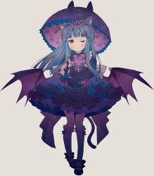 Rule 34 | 1girl, :o, absurdres, animal ear fluff, animal ears, animal print, back bow, blue hair, blush, bow, bowtie, cat ear umbrella, cat ears, cat print, cat tail, commentary, cross-laced clothes, cross-laced sleeves, demon wings, dot nose, dress, flower, frilled dress, frilled umbrella, frilled wristband, frills, highres, holding, holding umbrella, idolmaster, idolmaster cinderella girls, long hair, long sleeves, looking at viewer, low wings, michii yuuki, one eye closed, pink bow, pink bowtie, purple dress, purple flower, purple rose, purple umbrella, red eyes, rose, sajo yukimi, shoes, sidelocks, socks, solo, standing, tail, tiara, umbrella, wings