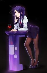 Rule 34 | 1girl, absurdres, alcohol, artist name, black footwear, black skirt, black vest, brown pantyhose, cigarette, collared shirt, cup, drinking glass, full body, high heels, highres, holding, holding cigarette, jill stingray, long hair, long sleeves, looking at viewer, necktie, pantyhose, pencil skirt, purple eyes, purple hair, red necktie, schwix, shirt, skirt, smoking, solo, standing, twintails, va-11 hall-a, vest, white shirt, wine, wine glass