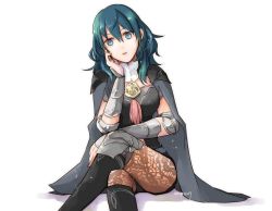 Rule 34 | 1girl, armor, blue eyes, blue hair, brown pantyhose, byleth (female) (fire emblem), byleth (fire emblem), cape, cleavage cutout, clothing cutout, crossed legs, fire emblem, fire emblem: three houses, hair between eyes, lace, lace-trimmed legwear, lace trim, nintendo, pantyhose, pantyhose under shorts, parted lips, robaco, short shorts, shorts, simple background, sitting, solo, twitter username, white background