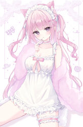 1girl :&lt; animal_ears blush bow breasts cat_ears cat_girl choker cleavage closed_mouth coat collarbone commentary_request commission cross_hair_ornament finger_to_mouth fingernails frilled_choker frilled_nightgown frilled_straps frills fur_coat glint hair_ornament hair_ribbon hairclip heart heart_hair_ornament highres index_finger_raised indie_virtual_youtuber large_breasts leg_warmers long_hair long_sleeves looking_at_viewer maid_headdress nail_polish nightgown open_clothes open_coat pink_bow pink_coat pink_eyes pink_hair pink_nails pink_ribbon pink_theme plaid_bow ribbon sitting skeb_commission sleeves_past_wrists solo suineco thigh_strap thighs two_side_up virtual_youtuber wariza white_background white_choker white_headdress white_leg_warmers white_nightgown white_ribbon yumori_nanya