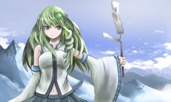 Rule 34 | 1girl, arm at side, bare shoulders, blue sky, breasts, closed mouth, cloud, day, detached sleeves, frog, frog hair ornament, gohei, green hair, grey eyes, hair ornament, hair tubes, holding, japanese clothes, kochiya sanae, long hair, long sleeves, looking at viewer, medium breasts, midriff peek, miko, mountain, navel, nontraditional miko, oonusa, ooru (t20nozomu), outstretched arm, serious, skirt, sky, snake, snake hair ornament, solo, touhou, upper body, vest, wide sleeves, wing collar