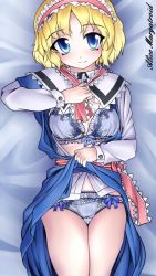 Rule 34 | 1girl, alice margatroid, bad id, bad pixiv id, blonde hair, blue bra, blue eyes, blue panties, bow, bow bra, bow panties, bra, capelet, clothes lift, dress, dress lift, female focus, floral print, geppewi, hairband, lingerie, lying, on back, open clothes, open dress, panties, short hair, smile, solo, touhou, underwear