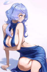 Rule 34 | 1girl, ako (blue archive), ako (dress) (blue archive), backless dress, backless outfit, blue archive, blue dress, blue eyes, blue hair, breasts, cleavage, dress, halo, halter dress, halterneck, highres, jimoninn (user 57120863), large breasts, leaning to the side, long hair, looking to the side, official alternate costume, shadow, sitting, skindentation, smile, solo