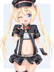 Rule 34 | 1girl, ;d, azur lane, black gloves, black hat, black jacket, black skirt, blonde hair, blue background, blue eyes, blush, bow, breasts, collared jacket, commentary request, diagonal stripes, fang, fingerless gloves, gloves, hair between eyes, hair bow, hair ornament, hairclip, hat, highres, jacket, long hair, m/, miniskirt, navel, one eye closed, open clothes, open jacket, open mouth, panties, peaked cap, pleated skirt, print panties, red bow, skirt, small breasts, smile, solo, star (symbol), star panties, star print, striped, striped bow, thighhighs, twintails, two-tone background, u2 (5798239), underwear, very long hair, white background, white bow, white panties, z18 (azur lane)