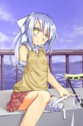 Rule 34 | 1girl, amputee, bandages, crutch, female focus, hair ornament, hairclip, hassai, original, outdoors, ponytail, sitting, skirt, solo, water, yellow eyes