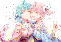 Rule 34 | 2girls, absurdres, ahoge, blue eyes, blue hair, blue kimono, blush, clenched hand, dsmile, floral print, hair ornament, highres, huge filesize, japanese clothes, kimono, leaning forward, light smile, lips, looking at viewer, low ponytail, multiple girls, obi, one eye closed, one side up, open mouth, original, pink eyes, pink hair, pink kimono, sash, scan, side ponytail, simple background, sparkle, upper body, v, white background, wide sleeves