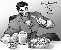 Rule 34 | 1boy, alcohol, arm hair, bara, beard, beer, beer mug, blush, chest hair, collared shirt, cup, eating, facial hair, fork, graves (league of legends), hair slicked back, holding, holding fork, karipaku, large pectorals, league of legends, male focus, mature male, mug, muscular, muscular male, mustache, pectoral cleavage, pectorals, shirt, short hair, sleeves rolled up, solo, thick eyebrows, upper body