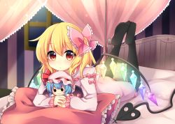 Rule 34 | 1girl, absurdres, bed, bed frame, black thighhighs, blonde hair, blurry, bow, canopy bed, character doll, closed mouth, commentary request, crystal, depth of field, flandre scarlet, frilled pillow, frilled ribbon, frilled sleeves, frills, full body, glowing, glowing wings, gradient eyes, hair between eyes, hair ribbon, highres, holding, indoors, laevatein, legs up, light particles, long sleeves, looking at viewer, lying, medium hair, multicolored eyes, night, night sky, no headwear, on stomach, pajamas, pillow, pink bow, pink pajamas, pink ribbon, red eyes, remilia scarlet, ribbon, ruhika, sky, solid circle eyes, solo, striped, thighhighs, touhou, window, wings, yellow eyes