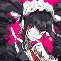 Rule 34 | 1girl, black hair, blunt bangs, bonnet, celestia ludenberg, danganronpa: trigger happy havoc, danganronpa (series), drill hair, earrings, frills, gothic lolita, hand on own chin, hand up, jewelry, lolita fashion, long hair, long sleeves, looking at viewer, nail polish, neck ribbon, necktie, patzzi, red background, red eyes, red neckwear, ribbon, simple background, smile, solo, twin drills, twintails, upper body