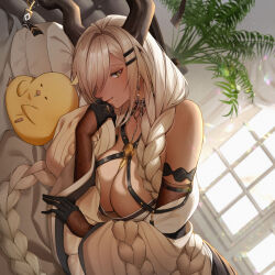 Rule 34 | 1girl, alice (mcaredor), azur lane, black gloves, black horns, blonde hair, braid, breasts, cleavage, dark-skinned female, dark skin, dutch angle, earrings, elbow gloves, fishnet gloves, fishnets, gloves, hair ornament, hair over one eye, hairclip, highres, horn ornament, horns, indoors, jewelry, large breasts, large horns, long hair, low twin braids, manjuu (azur lane), mixed-language commentary, owari (azur lane), plant, potted plant, ring, solo, twin braids, undersized breast cup, very long hair, wedding ring, window, yellow eyes