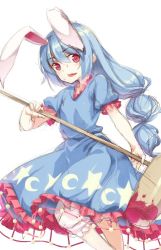 Rule 34 | 1girl, ambiguous red liquid, animal ears, bloomers, blue dress, blue hair, cowboy shot, crescent, dress, hair between eyes, holding, kine, long hair, mallet, oborofu, open mouth, rabbit ears, red eyes, seiran (touhou), short sleeves, simple background, solo, star (symbol), sweat, touhou, underwear, white background