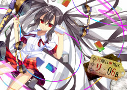 Rule 34 | 1girl, bad id, bad pixiv id, black hair, cellphone, corded phone, holding, long hair, looking at viewer, nyori, original, phone, red eyes, smartphone, solo, string phone, twintails, very long hair