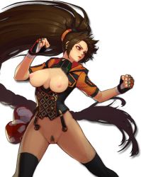 Rule 34 | 00s, 1girl, bad id, bad pixiv id, bottomless, breastless clothes, breasts, breasts out, brown eyes, brown hair, dungeon and fighter, female pubic hair, fighter (dungeon and fighter), happening18, large breasts, long hair, navel, nipples, pubic hair, solo, thighhighs, transparent background, uncensored, very long hair
