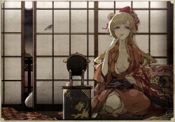 Rule 34 | 1girl, alcohol, applying makeup, borrowed character, breasts, cleavage, indoors, japanese clothes, light brown hair, long hair, mirror, moon, night, nihakusanren, open clothes, personification, pinky out, pokemon, sake, sitting, wide sleeves