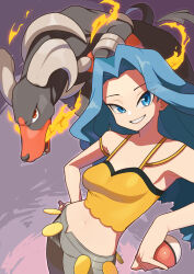 Rule 34 | 1girl, bare shoulders, blue eyes, blue hair, breasts, commentary request, creatures (company), crop top, fire, game freak, gen 2 pokemon, grey pants, hand on own hip, highres, holding, holding poke ball, houndoom, karen (pokemon), kellila93, long hair, looking at viewer, medium breasts, navel, nintendo, pants, poke ball, poke ball (basic), pokemon, pokemon (creature), pokemon hgss, shirt, smile, yellow shirt