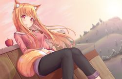 Rule 34 | 1girl, animal ears, apple, black pants, blush, brown hair, dutch angle, food, fruit, hill, holding tail, holo, jewelry, kaptivate, long hair, long sleeves, looking at viewer, necklace, open mouth, pants, pink shirt, pink sky, red eyes, shirt, sitting, sky, smile, solo, spice and wolf, tail, wolf ears, wolf tail