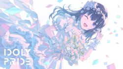 Rule 34 | 1girl, ;d, absurdres, bare shoulders, black hair, bouquet, bow, butterfly hair ornament, choker, collarbone, confetti, dress, dutch angle, flower, frills, hair flower, hair ornament, highres, holding, holding bouquet, idoly pride, long hair, looking at viewer, nagase mana, official art, one eye closed, open mouth, pink flower, puffy short sleeves, puffy sleeves, ribbon, rose, short sleeves, sleeveless, smile, solo, white dress, white flower, white ribbon, wrist cuffs