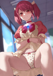 1girl blue_gemstone blue_sky blurry blurry_background blush bow bowtie breasts choker clenched_teeth clothes_lift cloud commentary_request disgust dress dress_lift feet_out_of_frame gem guest_art hair_ornament heart heart_panties heart_print indoors iya_na_kao_sare_nagara_opantsu_misete_moraitai kakutasu lifting_own_clothes looking_at_viewer magical_girl panties print_panties puffy_short_sleeves puffy_sleeves red_bow red_bowtie red_choker red_eyes red_hair red_sleeves red_trim second-party_source short_sleeves sitting sky small_breasts solo spread_legs swept_bangs teeth twintails underwear white_panties window wristband yellow_dress