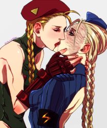 Rule 34 | 2girls, arms around neck, blonde hair, braid, breasts, cammy white, capcom, decapre, elina kuroe no daarin, closed eyes, female focus, french kiss, garrison cap, hairline, half-closed eyes, hat, kiss, leotard, long hair, multiple girls, muscular, no mask, open mouth, ribbed leotard, ribbed sweater, saliva, scar, shoulder pads, small breasts, street fighter, street fighter iv (series), sweater, tongue, twin braids, yuri