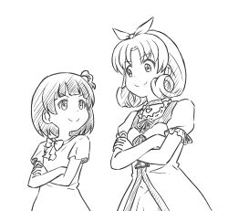 Rule 34 | 2girls, bow, choker, commentary, crossed arms, curly hair, dot nose, dress, flat chest, frills, hair ribbon, height difference, idolmaster, idolmaster million live!, idolmaster million live! theater days, looking at another, medium hair, monochrome, multiple girls, nakatani iku, puffy short sleeves, puffy sleeves, ribbon, short sleeves, smile, sumeragi kou, tokugawa matsuri, v-shaped eyebrows, white background