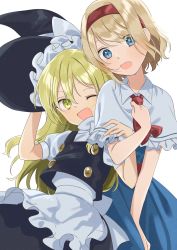 Rule 34 | 2girls, absurdres, alice margatroid, apron, black headwear, black skirt, black vest, blonde hair, blue dress, blue eyes, buttons, capelet, dress, frilled skirt, frills, hairband, hat, highres, kirisame marisa, leaning on person, long hair, multiple girls, open mouth, puffy short sleeves, puffy sleeves, red hairband, shirt, short hair, short sleeves, skirt, skirt set, smile, touhou, tsuno no hito, turtleneck, vest, waist apron, white apron, white capelet, white shirt, witch hat, yellow eyes