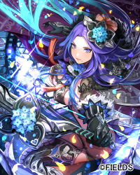 Rule 34 | 1girl, bow (weapon), breasts, covered erect nipples, fantasy, flower, gloves, guardians violation, hair flower, hair ornament, large breasts, long hair, looking at viewer, mole, mole under mouth, official art, original, parted lips, purple eyes, purple hair, solo, thighhighs, u369, weapon