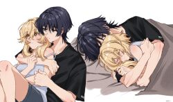 1boy 1girl alternate_costume blanket blonde_hair camisole closed_eyes closed_mouth couple dintoge genshin_impact hetero highres hug lumine_(genshin_impact) scaramouche_(genshin_impact) short_hair shorts sleeping upper_body yellow_eyes