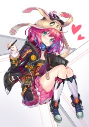 Rule 34 | !?, 1girl, absurdres, animal ears, animal hat, bad id, bad pixiv id, baseball bat, black hat, black jacket, black skirt, blue hair, blush, breasts, cable, commentary request, drawing tablet, fake animal ears, full body, green eyes, hat, headphones, headphones around neck, heart, highres, holding, holding pen, holding tablet pc, jacket, kneehighs, looking at viewer, mayoichi, multicolored hair, orange shirt, original, pen, phone, pink shorts, rabbit ears, rabbit hat, shirt, short shorts, shorts, skirt, small breasts, smile, socks, solo, tablet pc, tagme, two-tone hair, white socks, yellow hat