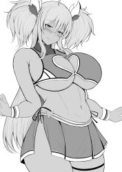 1girl absurdres alternate_costume alternate_skin_color bare_arms bare_legs bare_shoulders bikini bikini_under_clothes blush breasts cheerleader curvy dark-skinned_female dark_skin earrings high_heels highleg highleg_bikini highres huge_breasts inverted_nipples jewelry kanna_(minamozuki) long_hair miniskirt monochrome navel no_bra official_alternate_costume official_art onizaki_kirara shiny_skin skirt solo swimsuit taimanin_(series) taimanin_rpgx tan thong thong_bikini twintails wide_hips